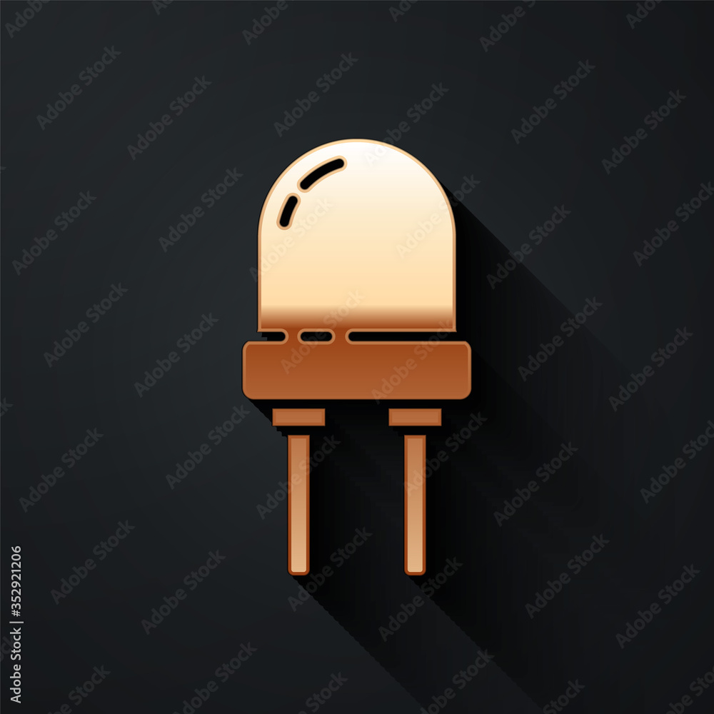 Gold Light emitting diode icon isolated on black background. Semiconductor diode electrical componen