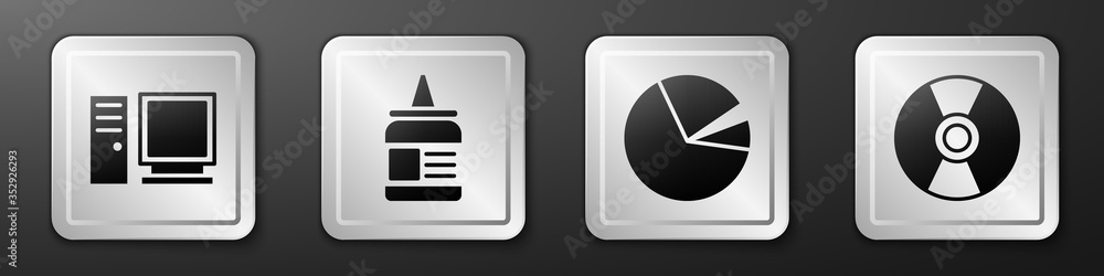设置电脑显示器、胶水、饼图信息图和CD或DVD磁盘图标。银色方形按钮。Vec