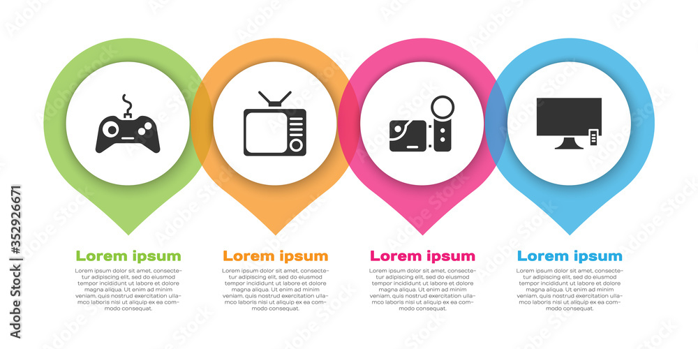 设置游戏板、复古电视、影院摄像机和智能电视。商业信息图模板。矢量。