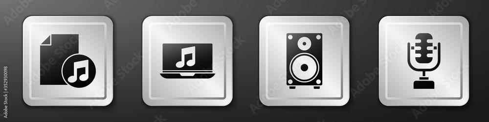 设置带音符的音乐书，带音符的笔记本电脑，立体声扬声器和麦克风图标。银色方块