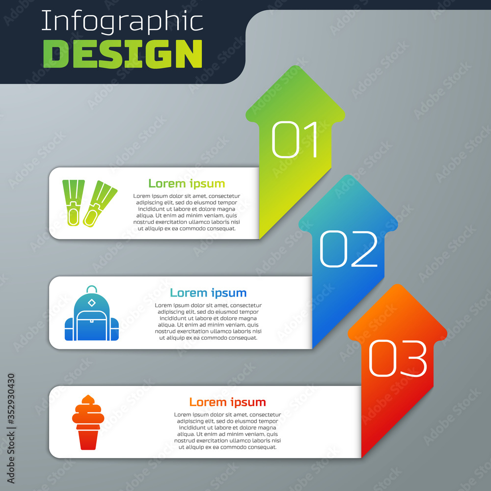 Set Rubber flippers, Hiking backpack and Ice cream in waffle cone. Business infographic template. Ve