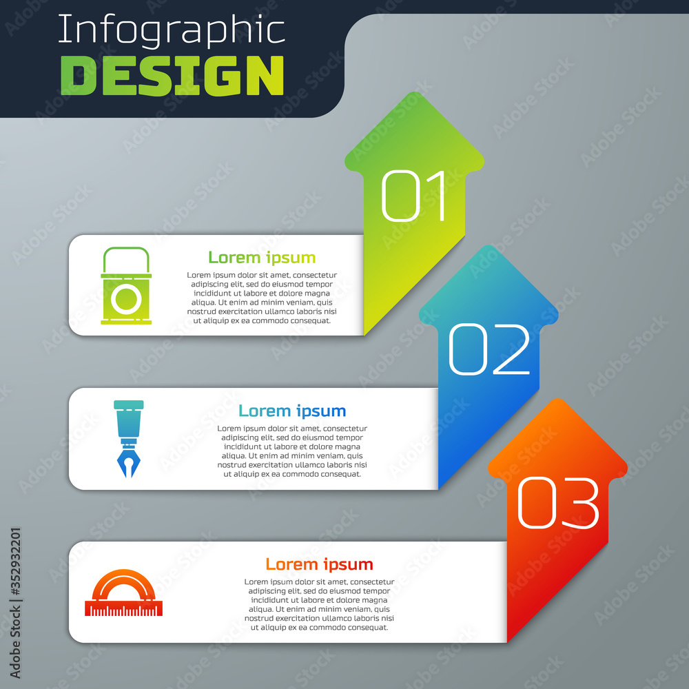 Set Paint bucket，Fountain pen nib and Protractor.Business infographic template.Vvector（设置颜料桶、喷泉笔尖和量角