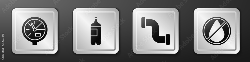 Set Water meter, Bottle of water, Industry metallic pipe and Water drop forbidden icon. Silver squar