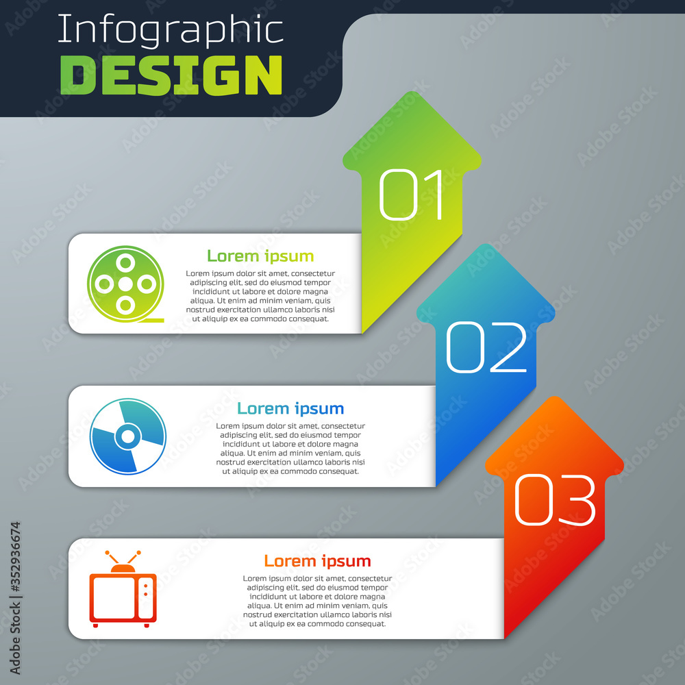 Set Film reel, CD or DVD disk and Retro tv. Business infographic template. Vector