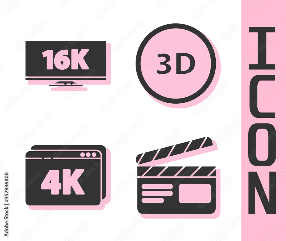 设置电影拍板，16k屏幕电视，在线播放4k和3D单词图标的视频。矢量