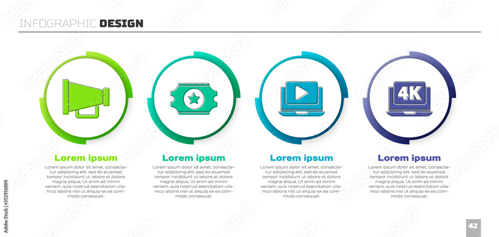 Set Megaphone, Cinema ticket, Online play video and Laptop with 4k video. Business infographic templ