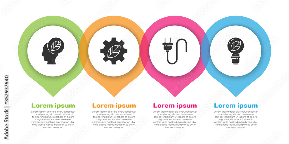 Set Human head with leaf inside, Leaf plant in gear machine, Electric plug and Light bulb with leaf.