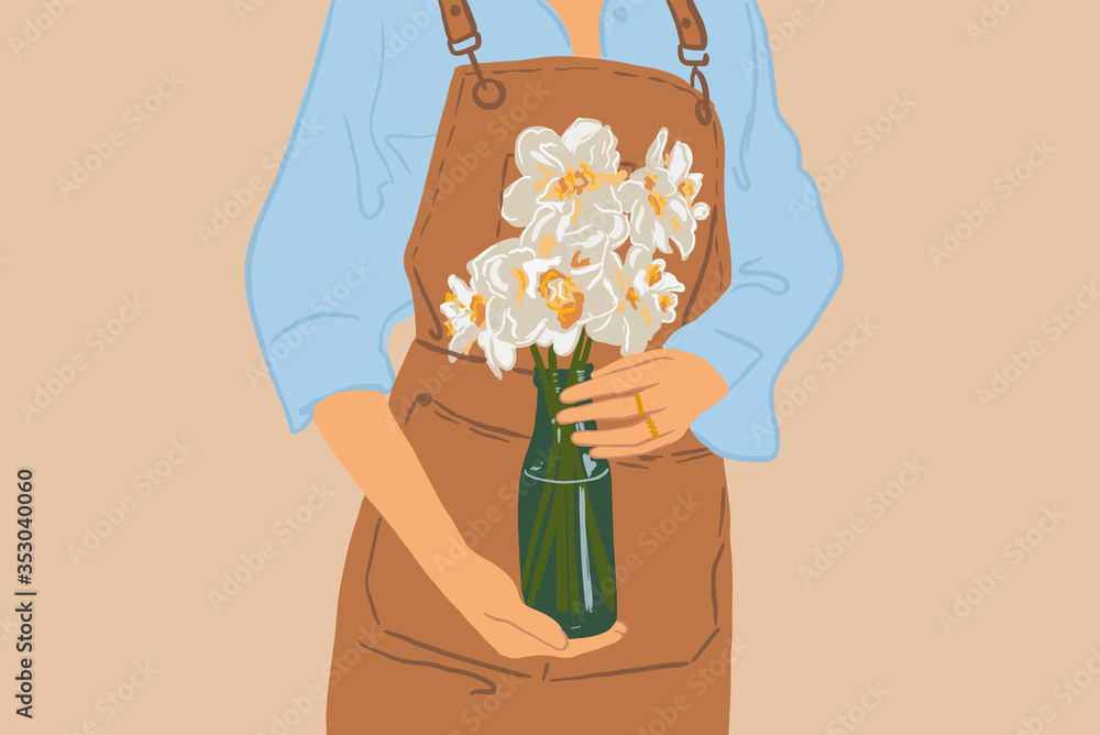 Woman in apron with flowers