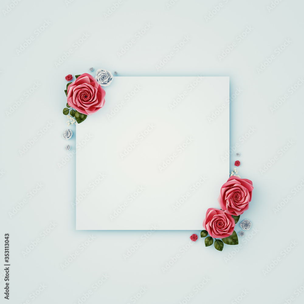 Flowers composition. Paper blank, pink flowers on pastel pink background. Flat lay, top view, copy s