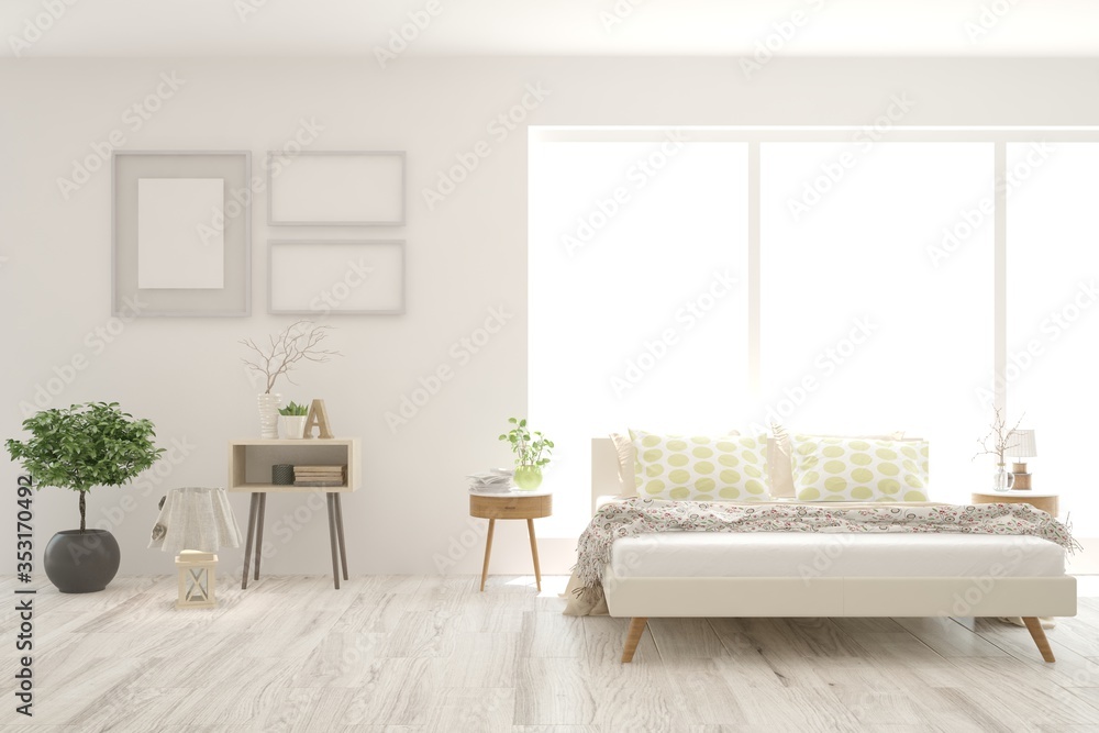 White bedroom interior. Scandinavian design. 3D illustration