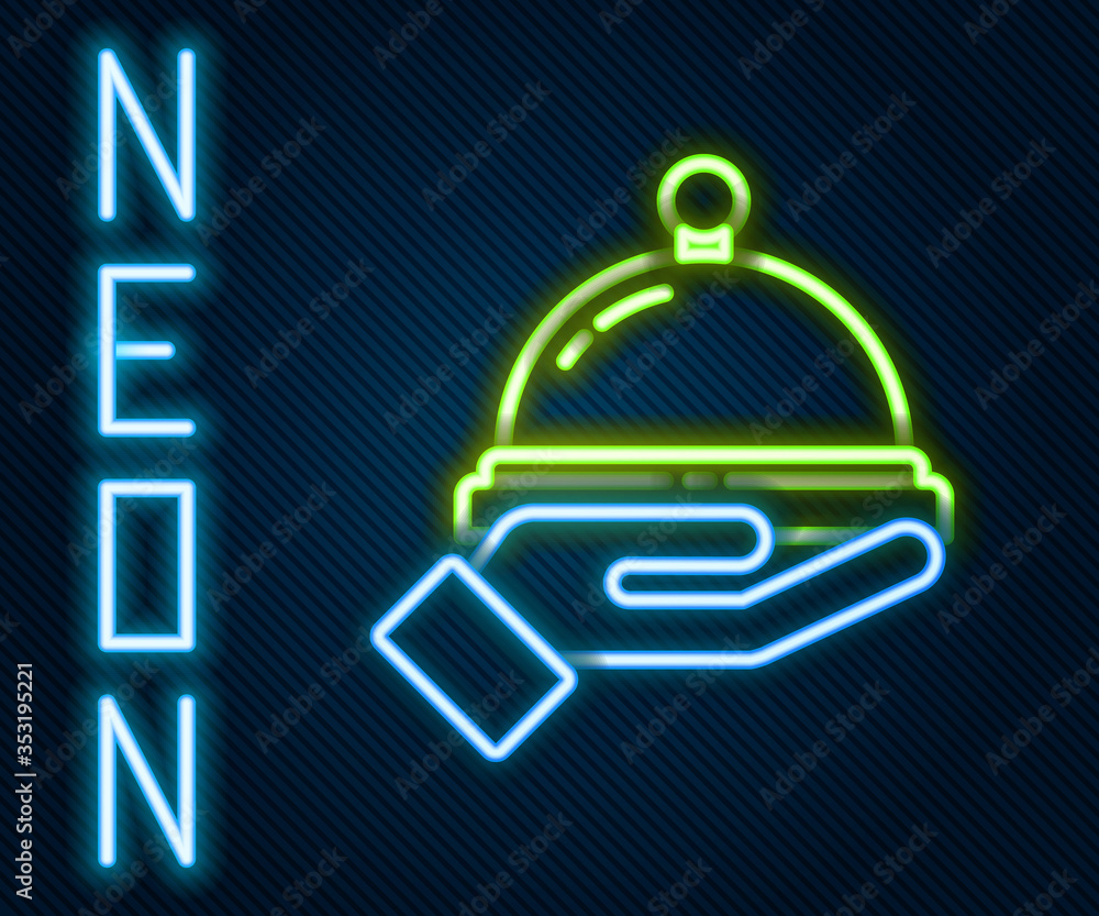 Glowing neon line Covered with a tray of food icon isolated on black background. Tray and lid sign. 