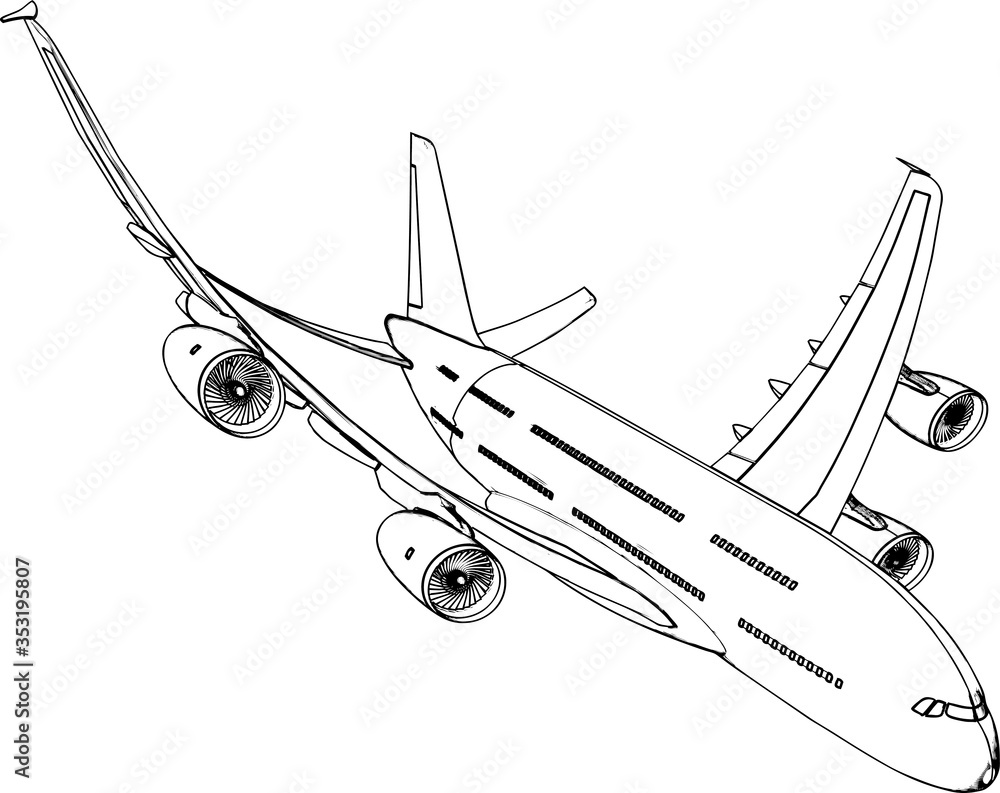 Commercial passenger plane side wings flap view vector.