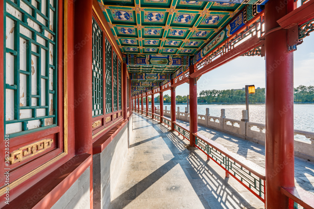 Beautiful View of Beihai Park Corridor in Beijing, China