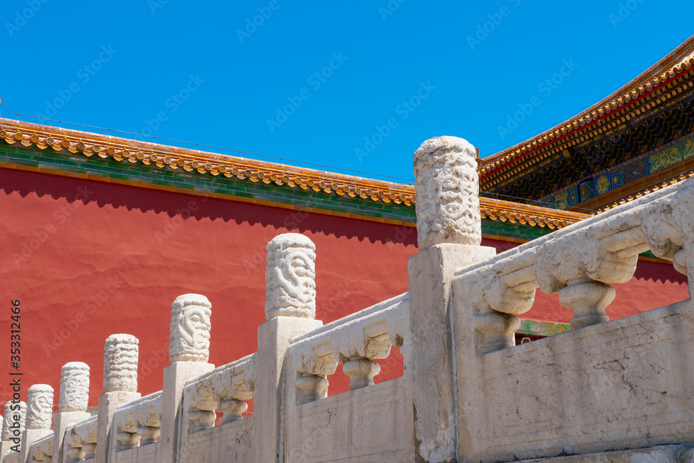 Red wall in the forbidden city. Chinese traditional symbols. Minimal background.