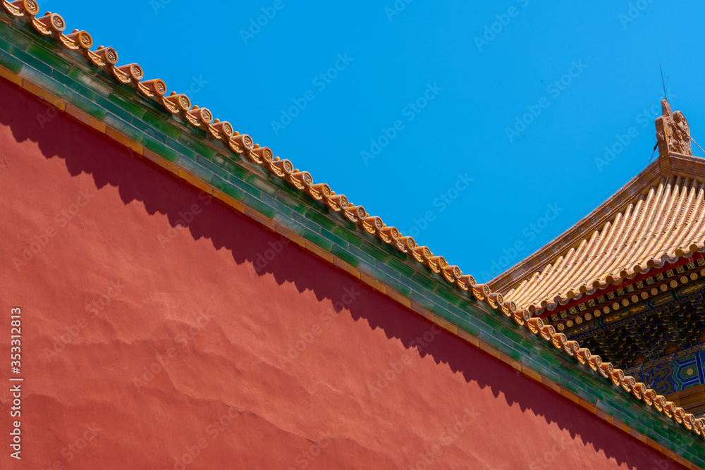 Red wall in the forbidden city. Chinese traditional symbols. Minimal background.