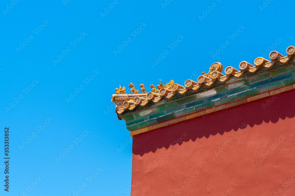 Red wall in the forbidden city. Chinese traditional symbols. Minimal background.