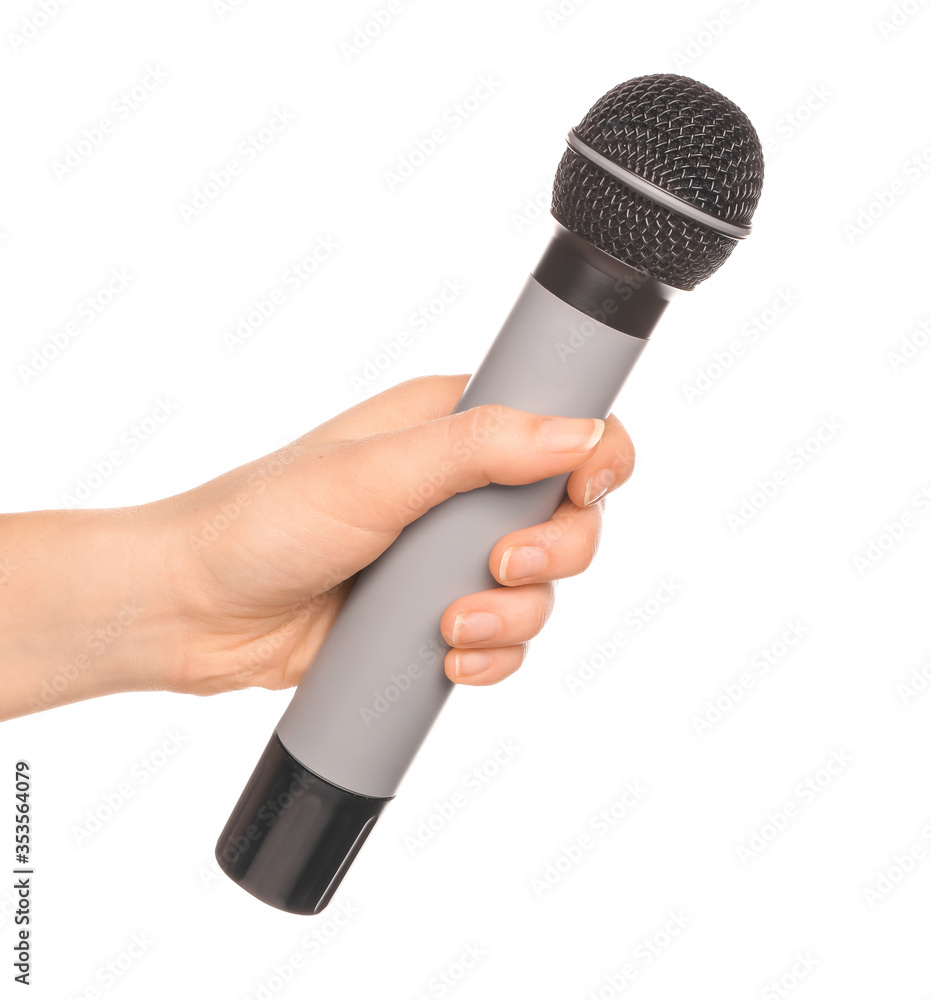 Hand with microphone on white background