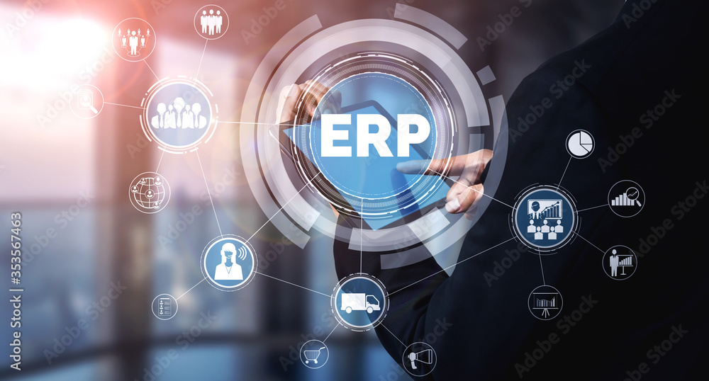 Enterprise Resource Management ERP software system for business resources plan presented in modern g