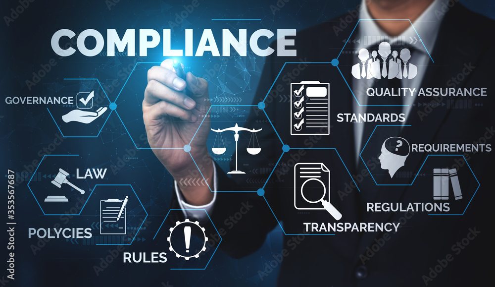 Compliance rule law and regulation graphic interface for business quality policy planning to meet in