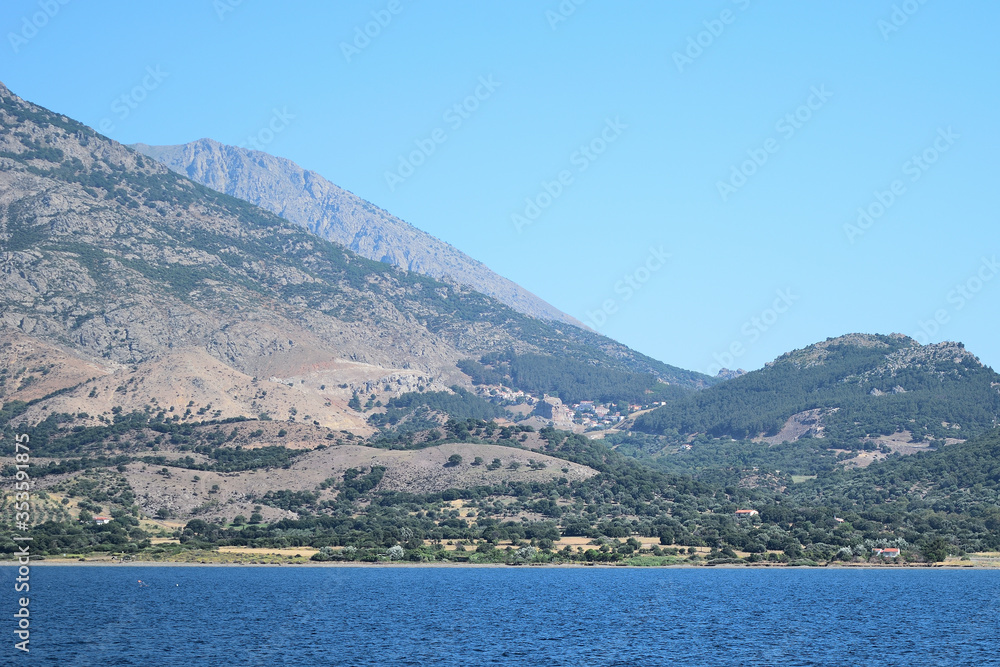 Seascape with Saos mountain and coastline Chora area - Samothraki island view from ferry - Greece, A