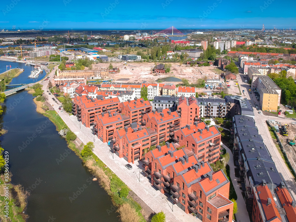 Aerial view of the old town in Gdansk with amazing architecture at summer,  Poland