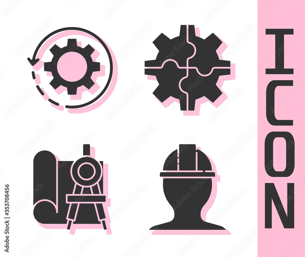 Set Worker safety helmet, Gear and arrows as workflow, Graphing paper and compass and Gear icon. Vec