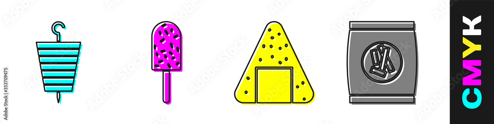 烤羊肉串、冰淇淋、洋葱和硬面包夹饼干图标。矢量。