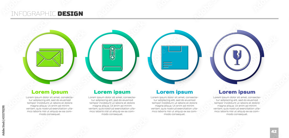 设置信封、信封、纸箱纸板箱和易碎碎玻璃。商业信息图模板
