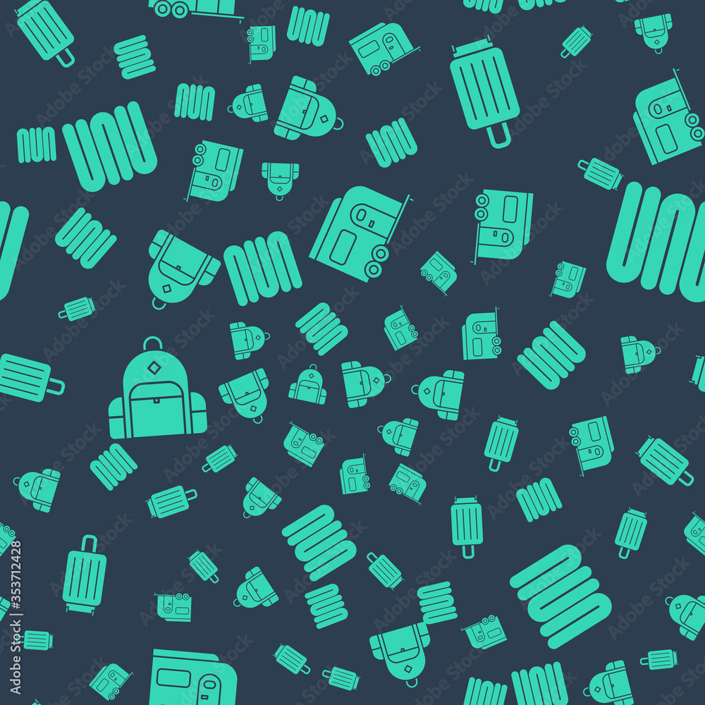 Set Rv Camping trailer, Suitcase, Hiking backpack and Towel stack on seamless pattern. Vector.