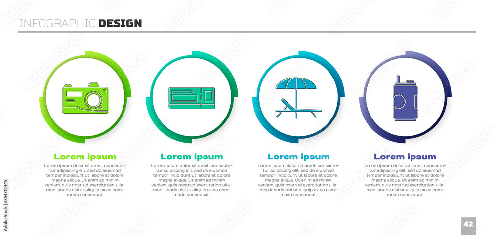 设置照片相机、旅行票、遮阳伞和苏打罐。商业信息图模板。Ve