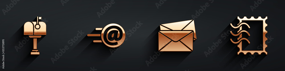 Set Mail box, Mail and e-mail, Envelope and Postal stamp icon with long shadow. Vector.