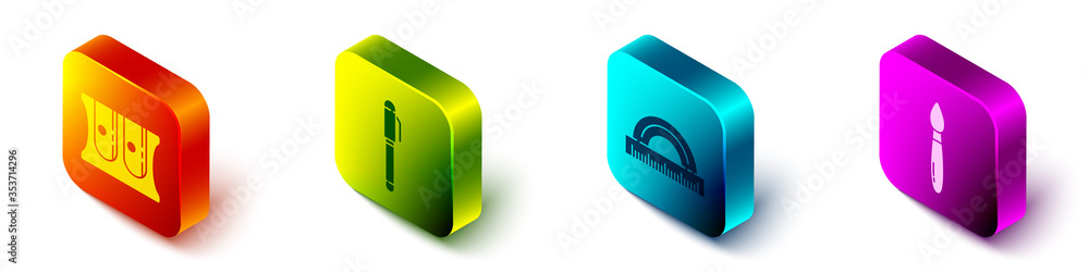 Set Isometric Pencil sharpener, Pen, Protractor and Paint brush icon. Vector.