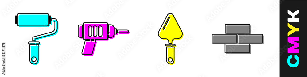 设置油漆滚筒刷、电钻、镘刀和砖块图标。矢量。