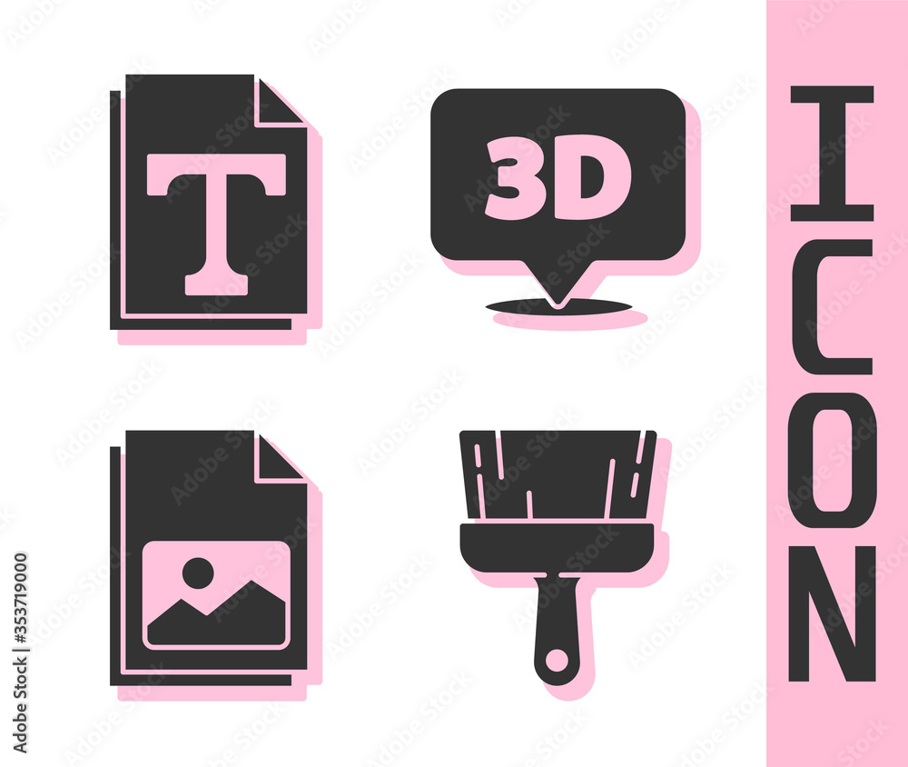 设置画笔、文本文件文档、图片横向和带文本3D图标的语音气泡。矢量。