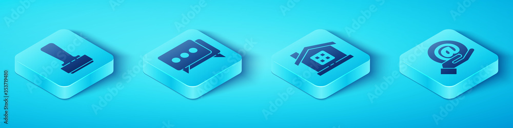 Set Isometric Stamp, Speech bubble chat, Mail and e-mail in hand and House icon. Vector.