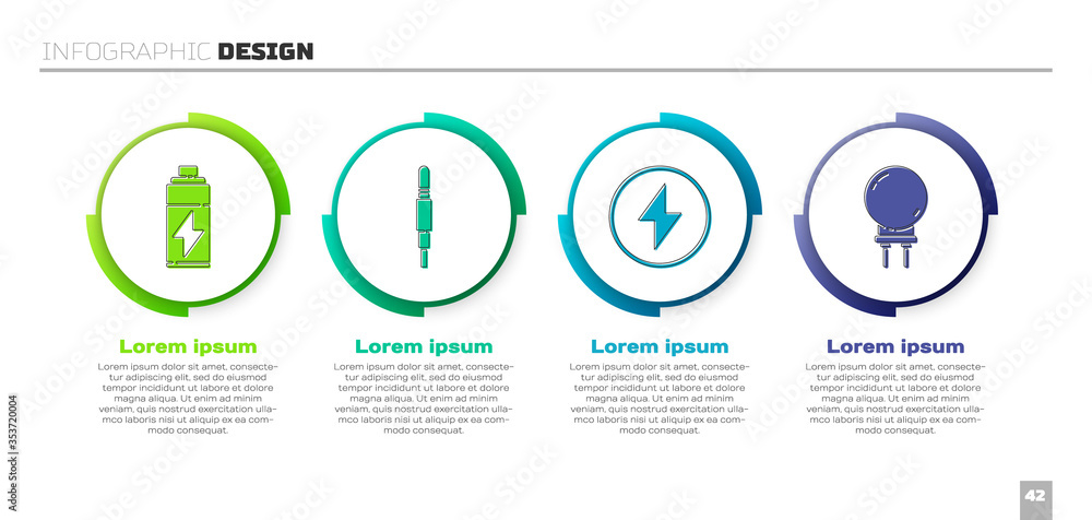 设置电池、音频插孔、闪电和发光二极管。商业信息图模板。Vec
