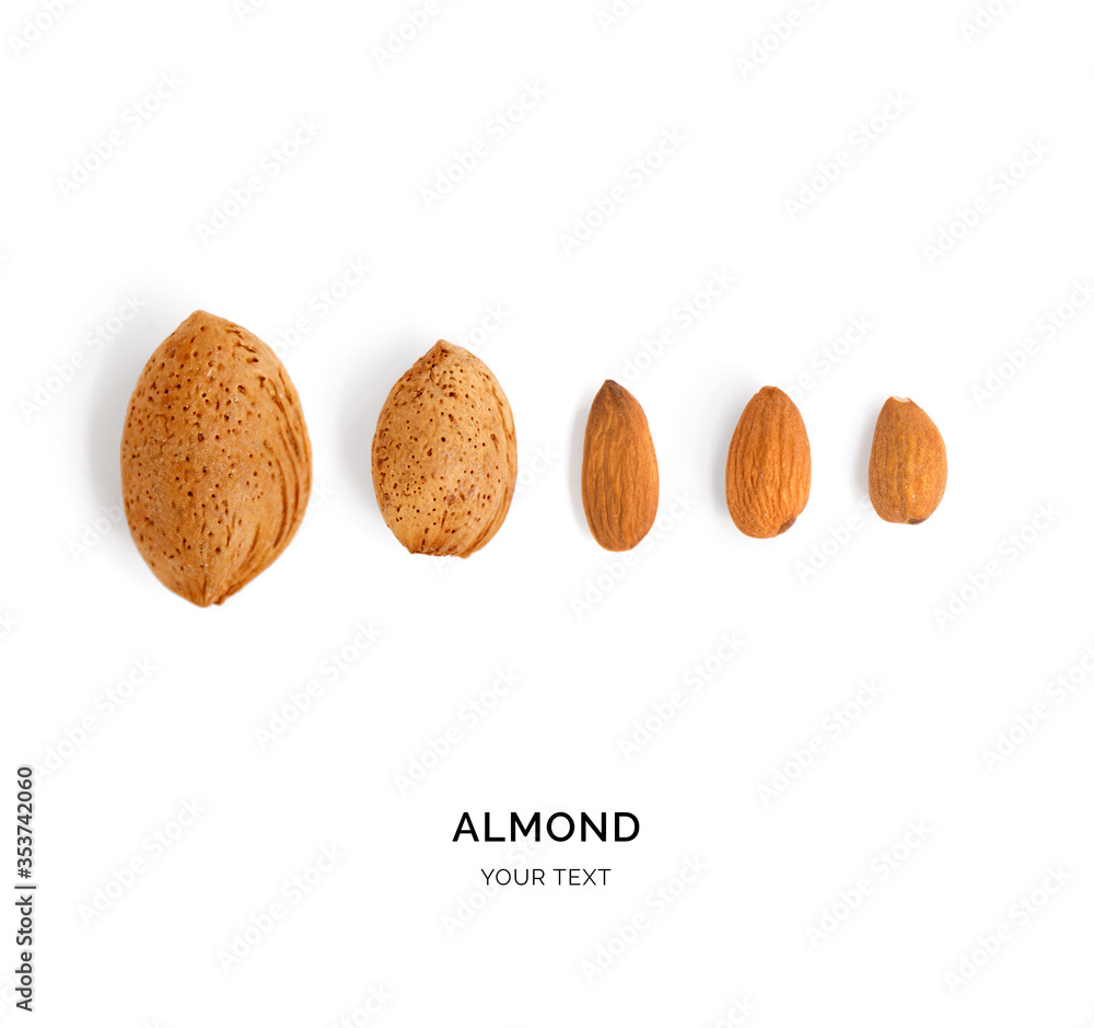 Creative layout made of almond. Flat lay. Food concept.