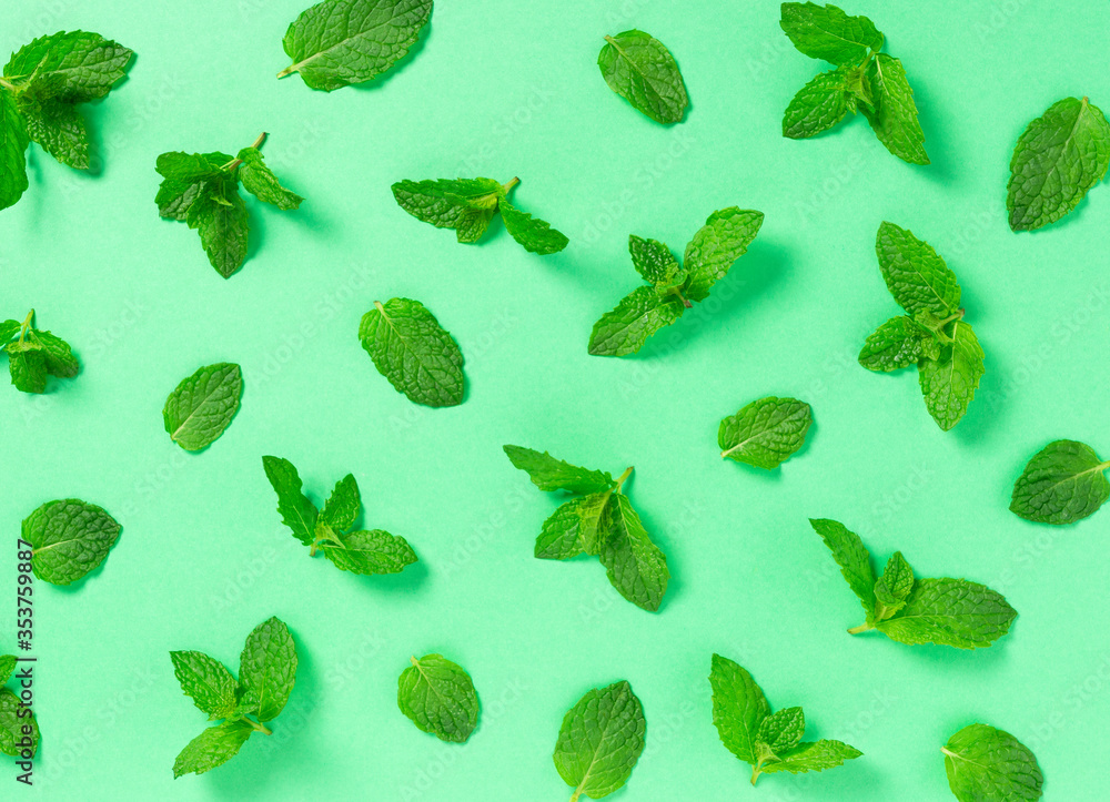 A lot of mint leaves on a green background