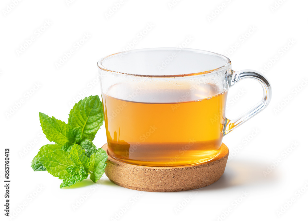 Mint tea and mint leaves on a white background