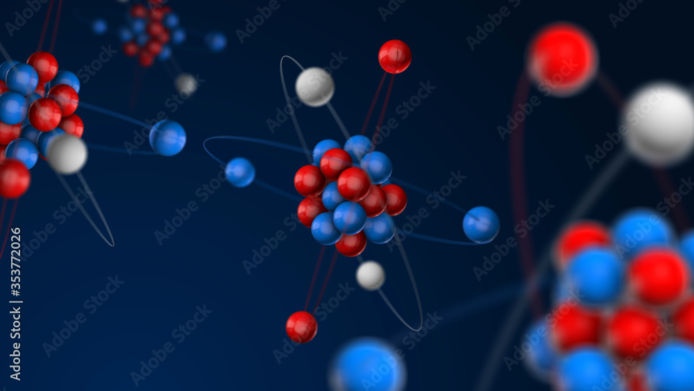 Atom 3d model, protons and neutrons in atomic nucleus