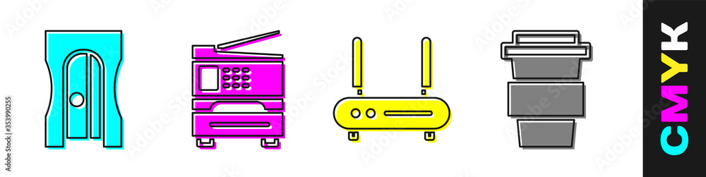 设置卷笔刀、打印机、路由器、无线网络信号和咖啡杯图标。矢量。