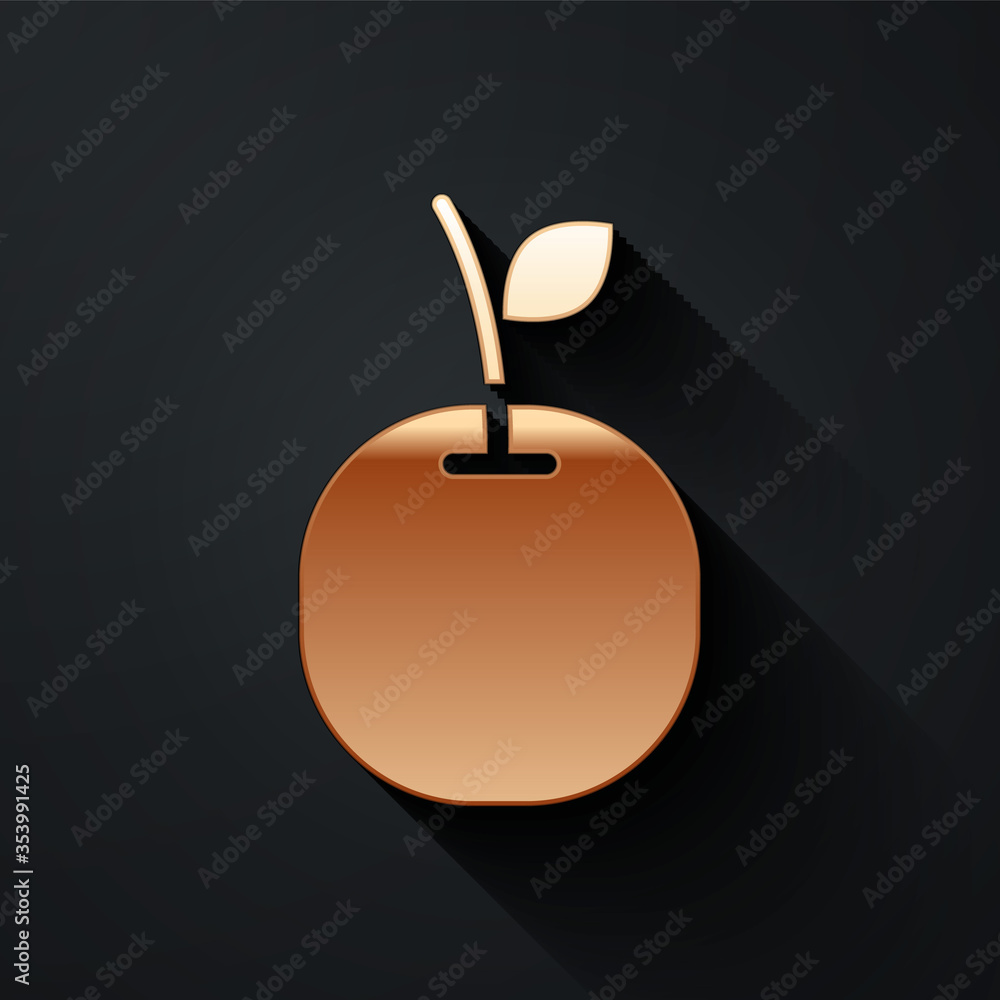 Gold Apple icon isolated on black background. Fruit with leaf symbol. Long shadow style. Vector. Ill