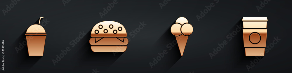 Set Milkshake, Burger, Ice cream in waffle cone and Coffee cup to go icon with long shadow. Vector.