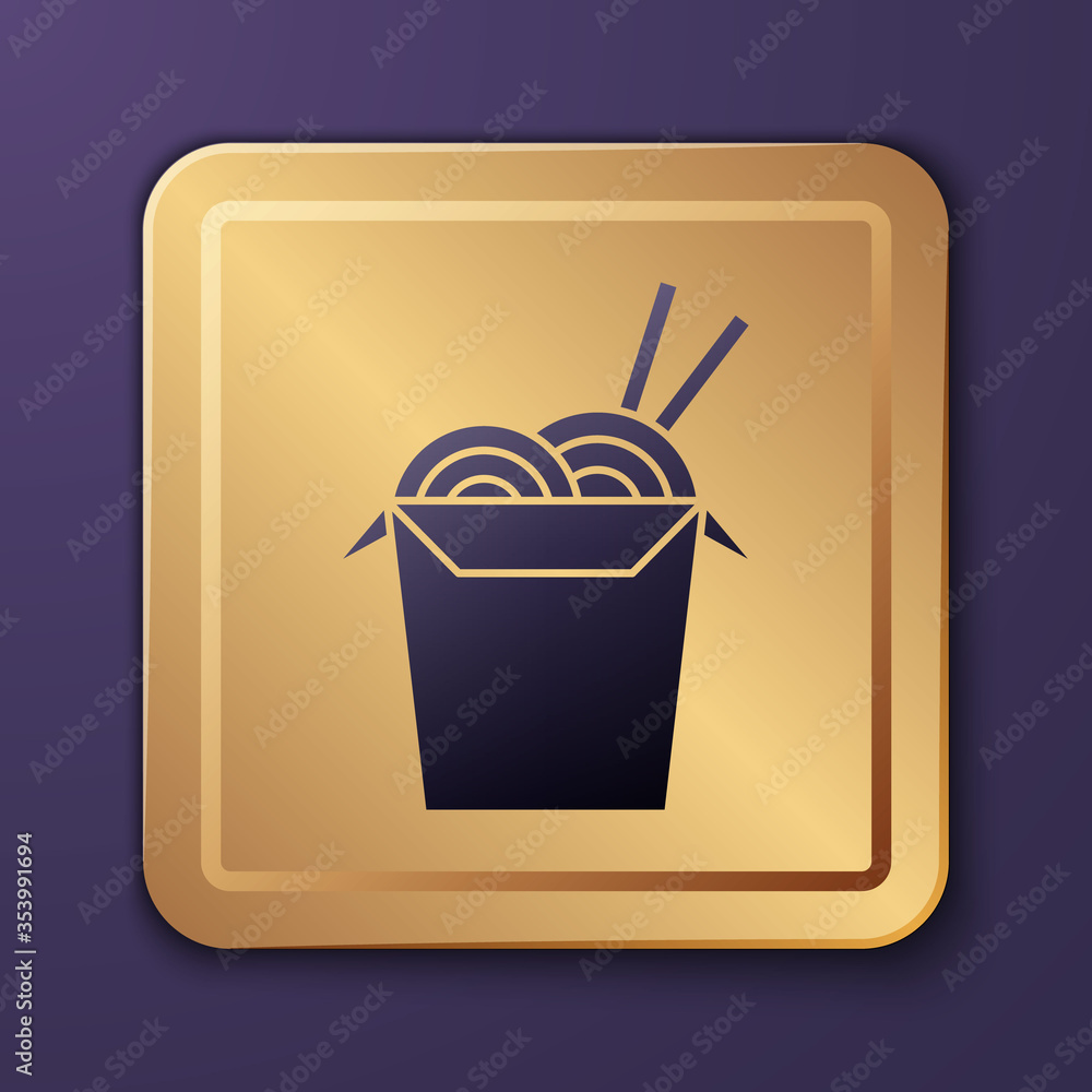 Purple Asian noodles in paper box and chopsticks icon isolated on purple background. Street fast foo