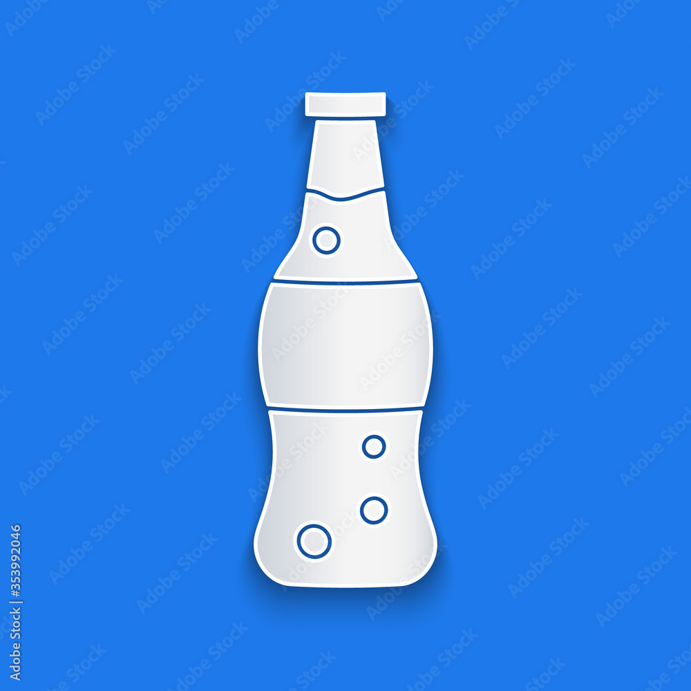 Paper cut Bottle of water icon isolated on blue background. Soda aqua drink sign. Paper art style. V