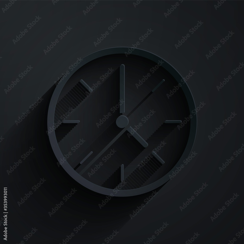 Paper cut Clock icon isolated on black background. Time symbol. Paper art style. Vector. Illustratio