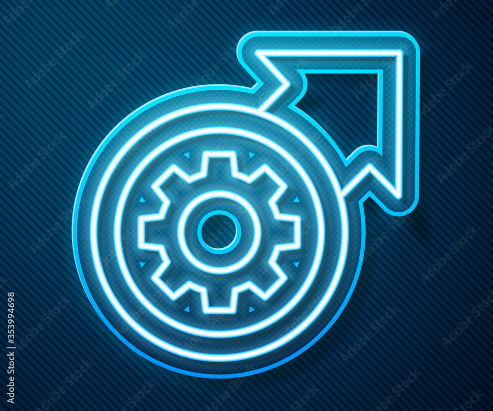 Glowing neon line Gear and arrows as workflow process concept icon isolated on blue background. Gear