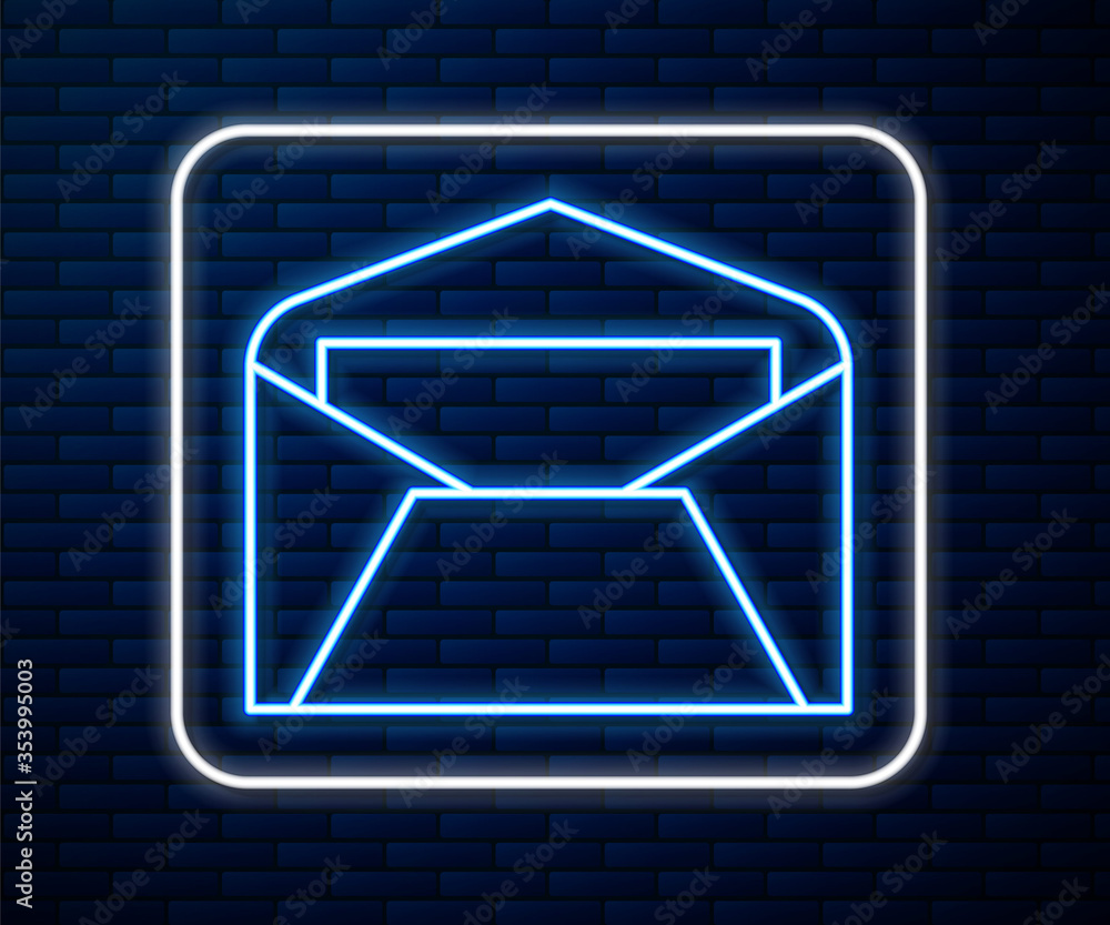 Glowing neon line Envelope icon isolated on brick wall background. Email message letter symbol. Vect