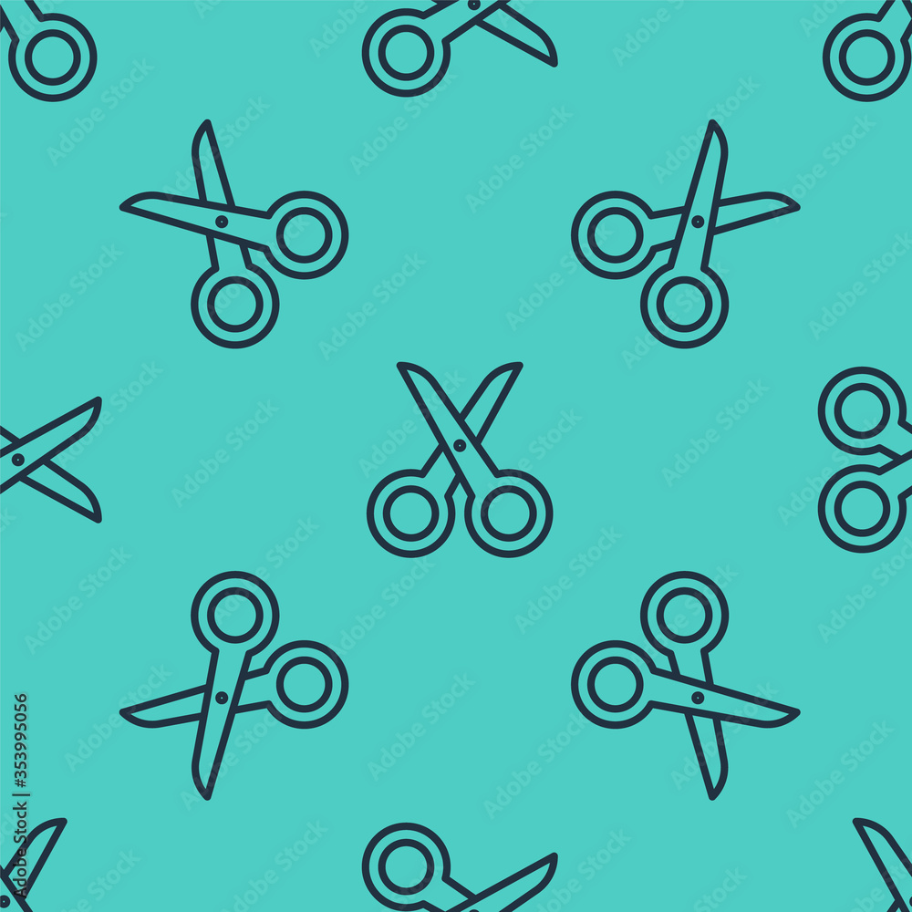 Black line Scissors icon isolated seamless pattern on green background. Cutting tool sign. Vector. I