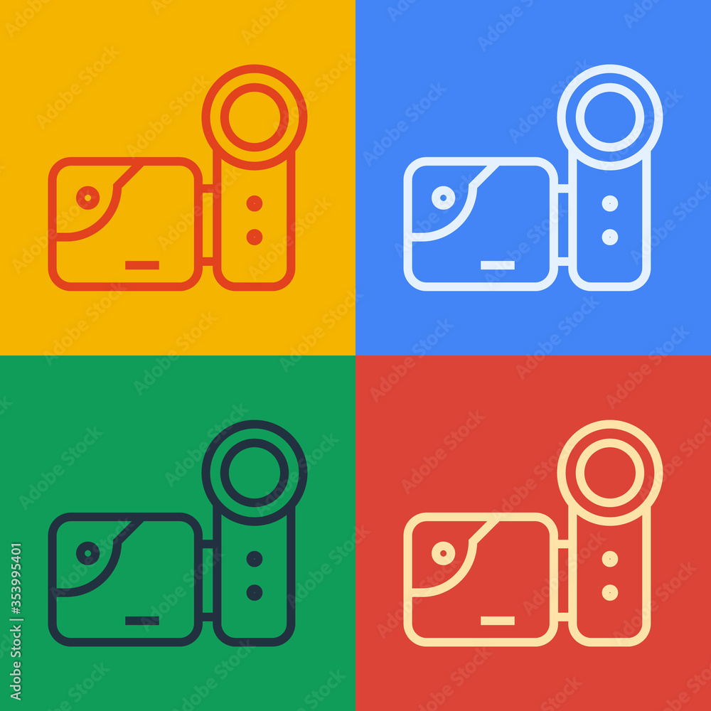 Pop art line Cinema camera icon isolated on color background. Video camera. Movie sign. Film project